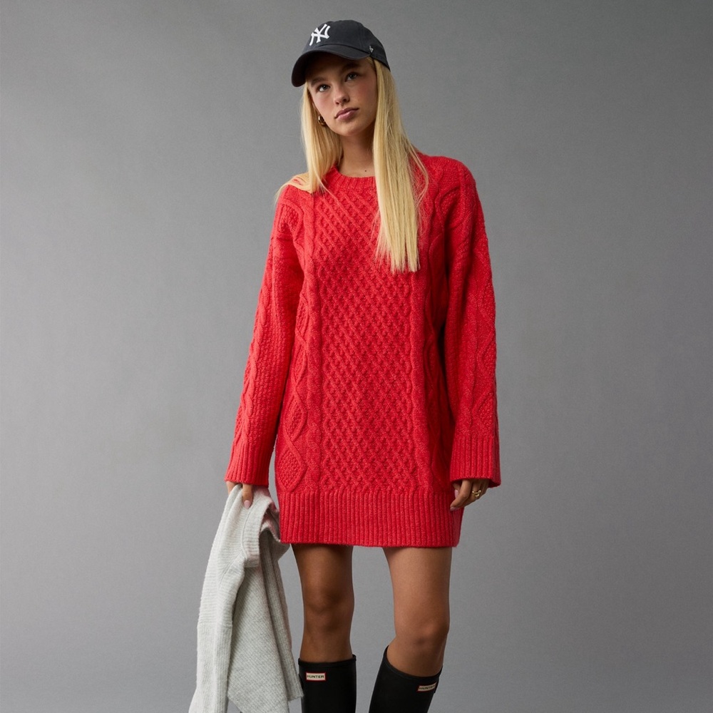 AE Long-Sleeve Cable Knit Sweater Mini Dress